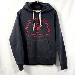 True Religion Hoodie Sweatshirt M Black/Red Buddha Graphic Logo Pouch Pullover